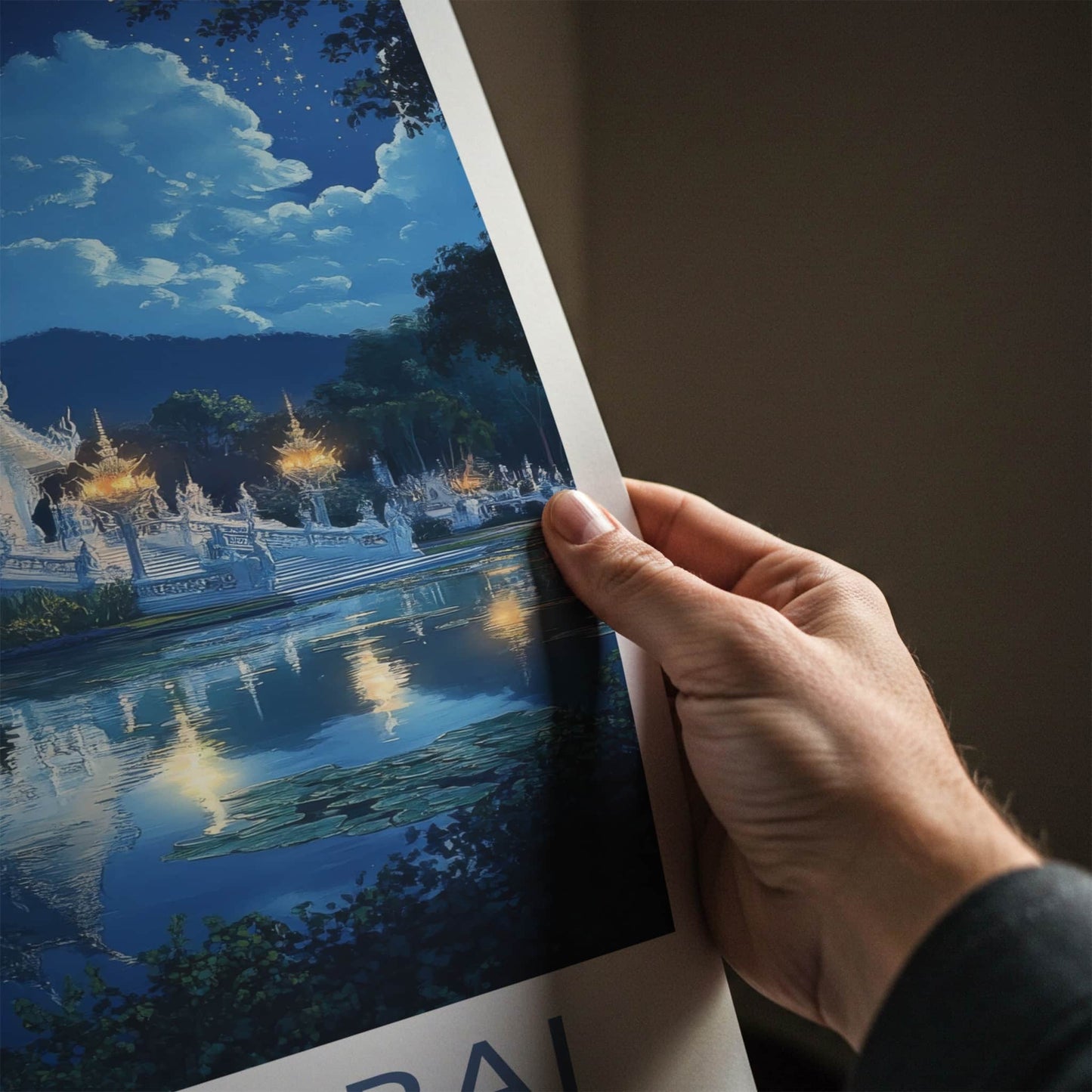 Chiang Rai Poster - Thailand Travel Art - Moonlit Temple Reflection Home Decor
