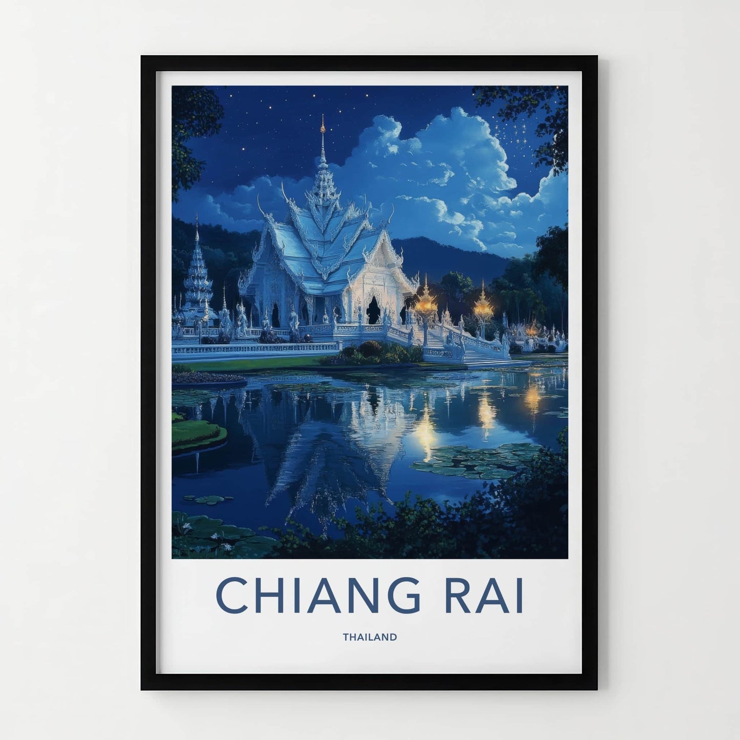 Chiang Rai Poster - Thailand Travel Art - Moonlit Temple Reflection Home Decor
