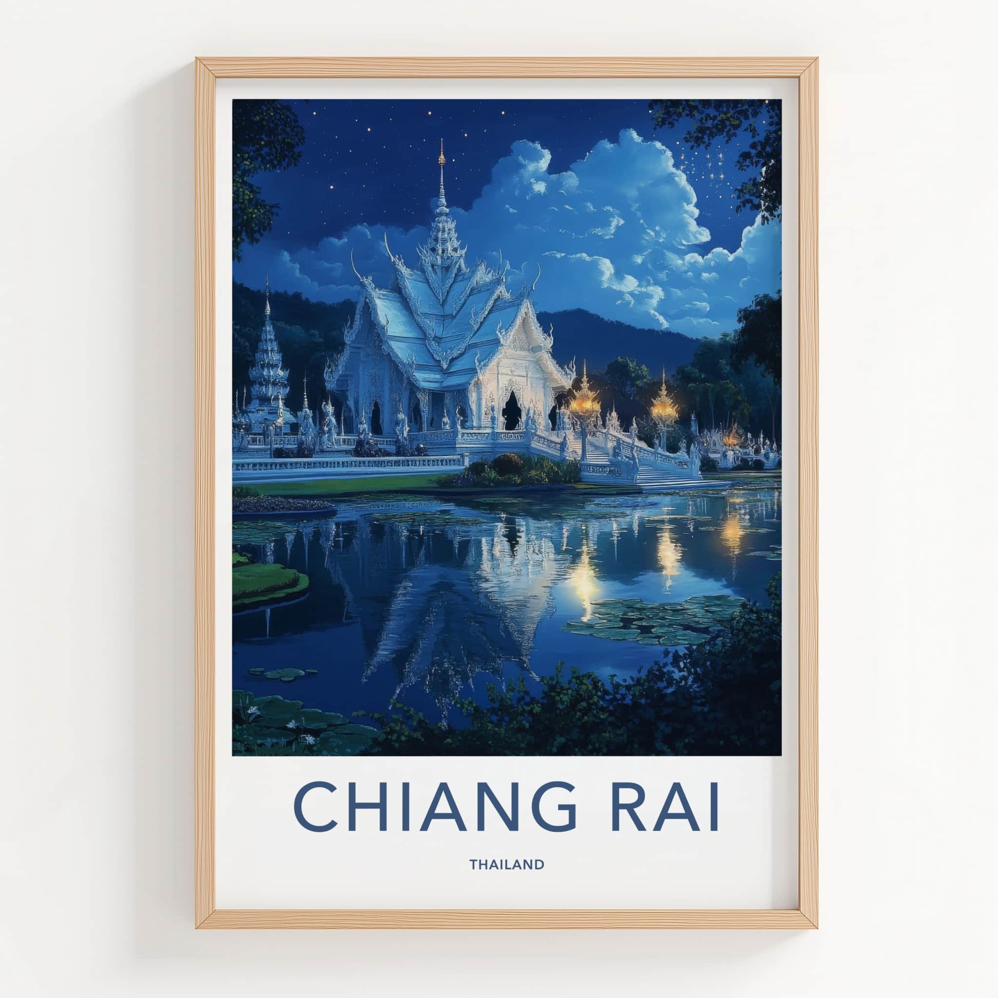 Chiang Rai Poster - Thailand Travel Art - Moonlit Temple Reflection Home Decor