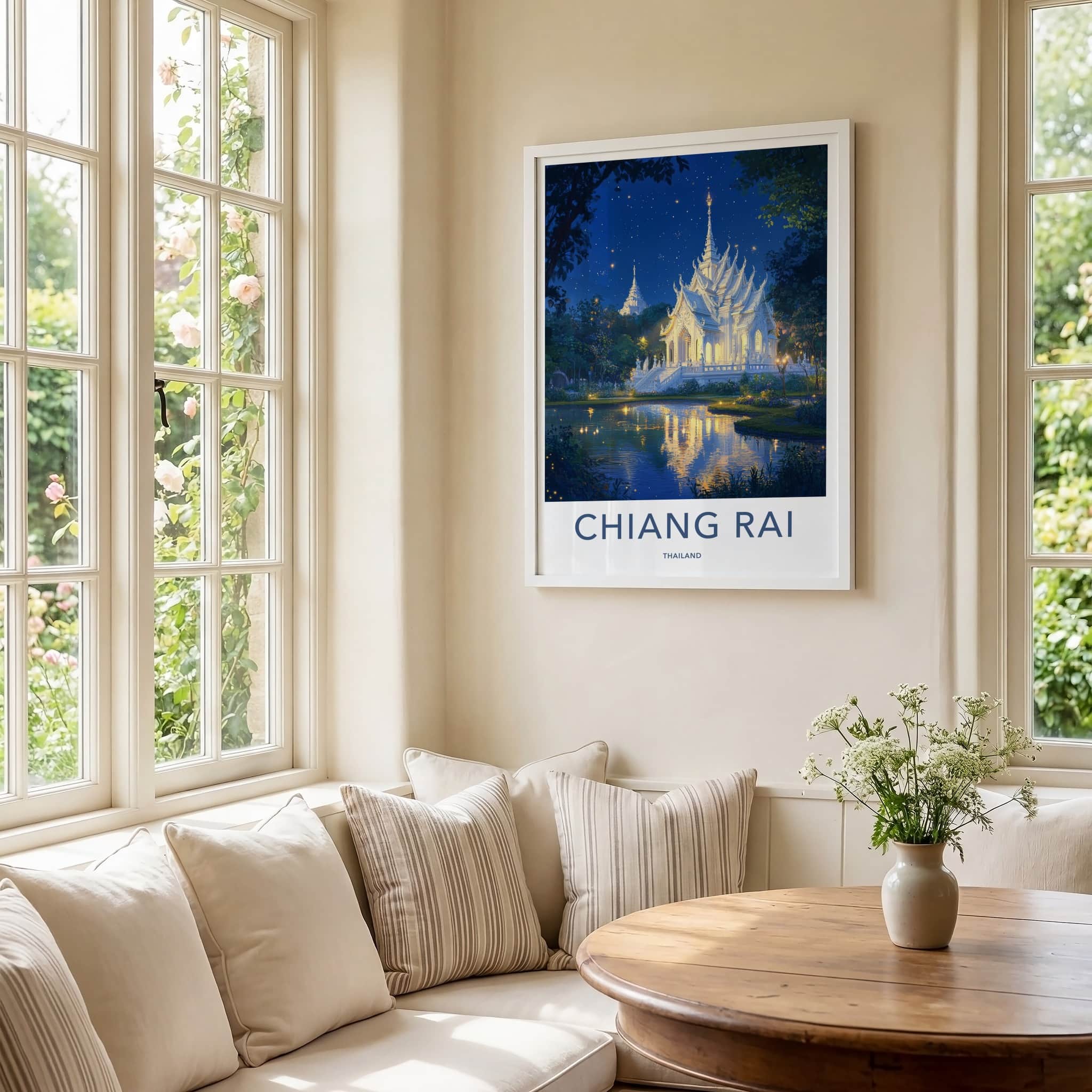 Chiang Rai Poster - Thailand Travel Art - Starry Temple Pond Wall Decor