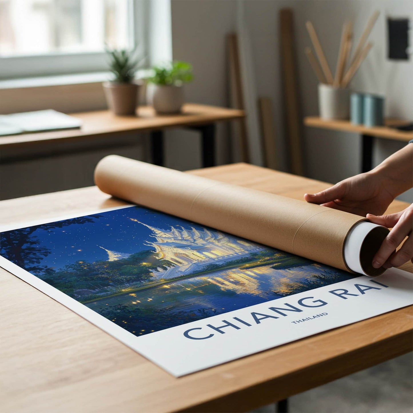 Chiang Rai Poster - Thailand Travel Art - Starry Temple Pond Wall Decor
