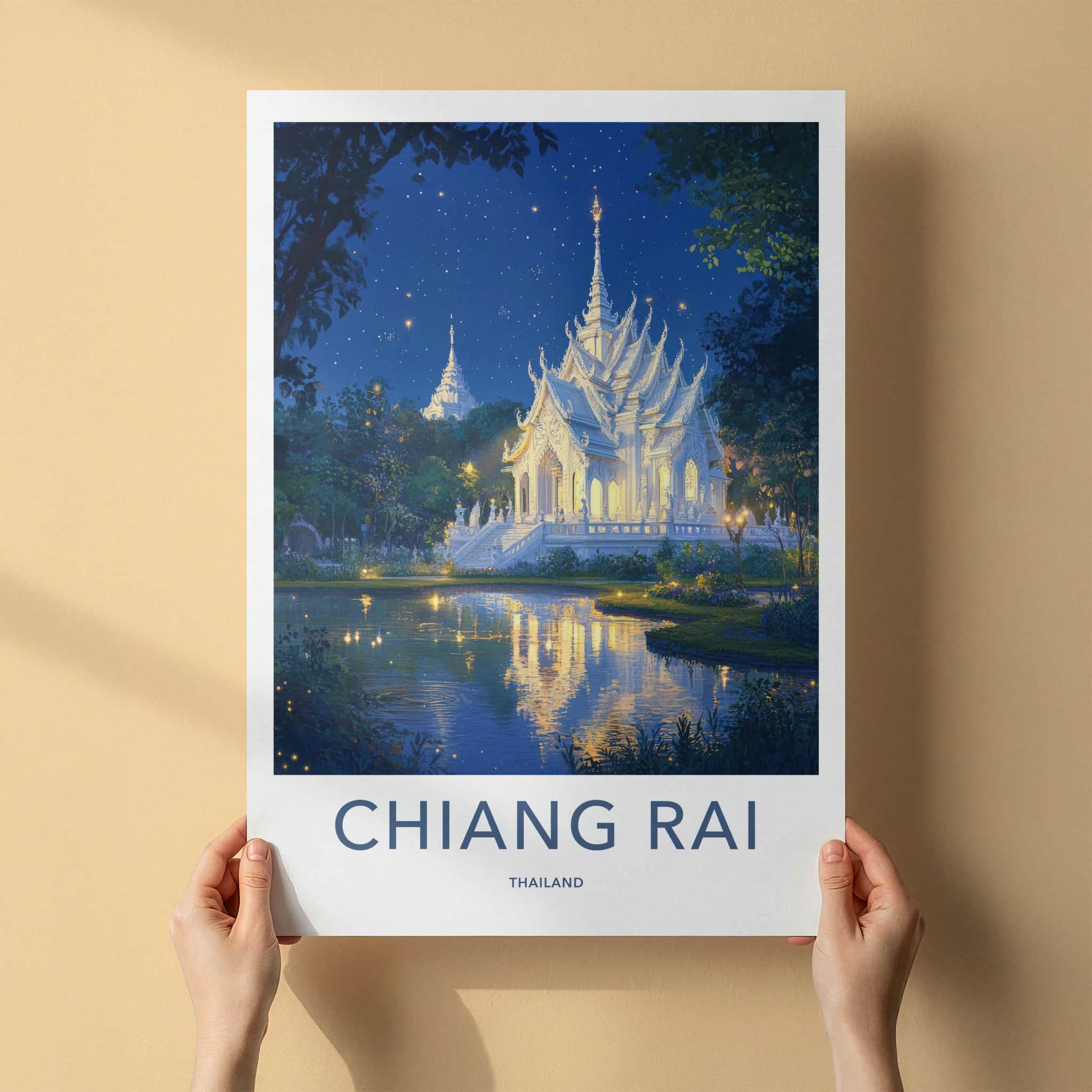 Chiang Rai Poster - Thailand Travel Art - Starry Temple Pond Wall Decor