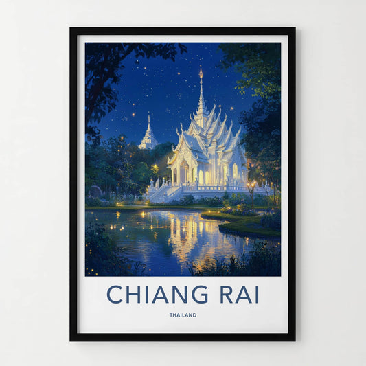 Chiang Rai Poster - Thailand Travel Art - Starry Temple Pond Wall Decor
