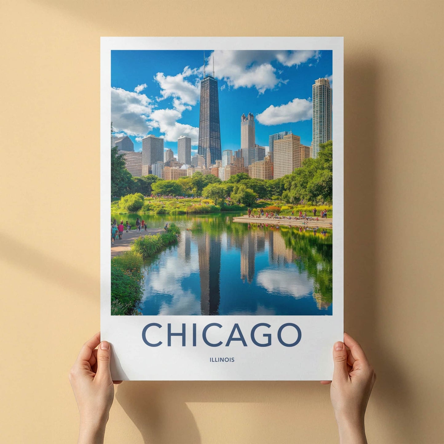 Chicago Poster - Illinois Travel Art - City Park Reflections Home Decor
