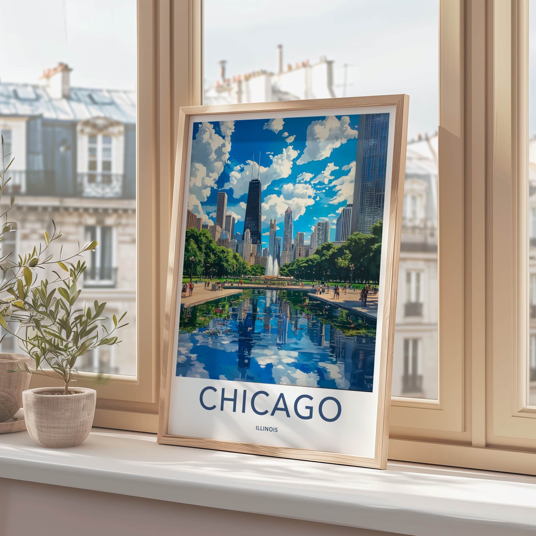 Chicago Poster - Illinois Wall Art - Skyline park reflection Home Decor