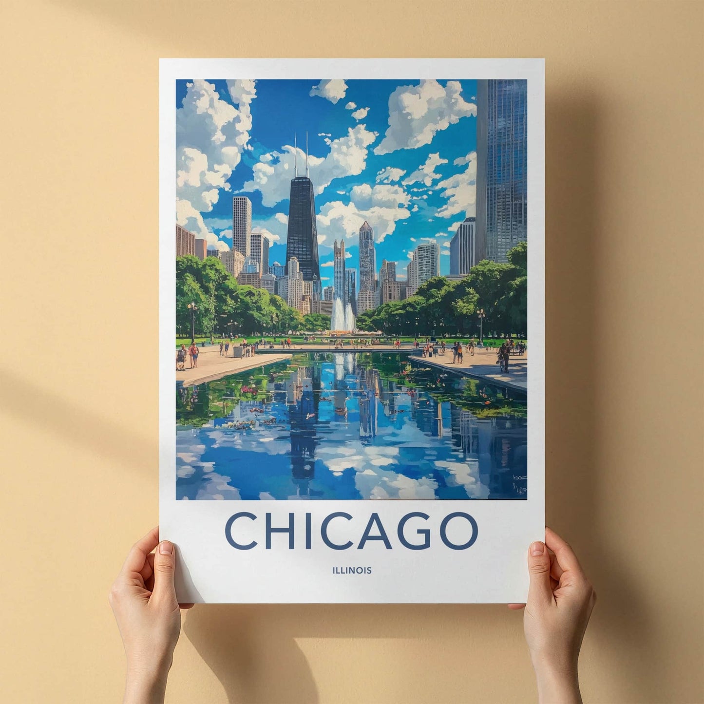 Chicago Poster - Illinois Wall Art - Skyline park reflection Home Decor