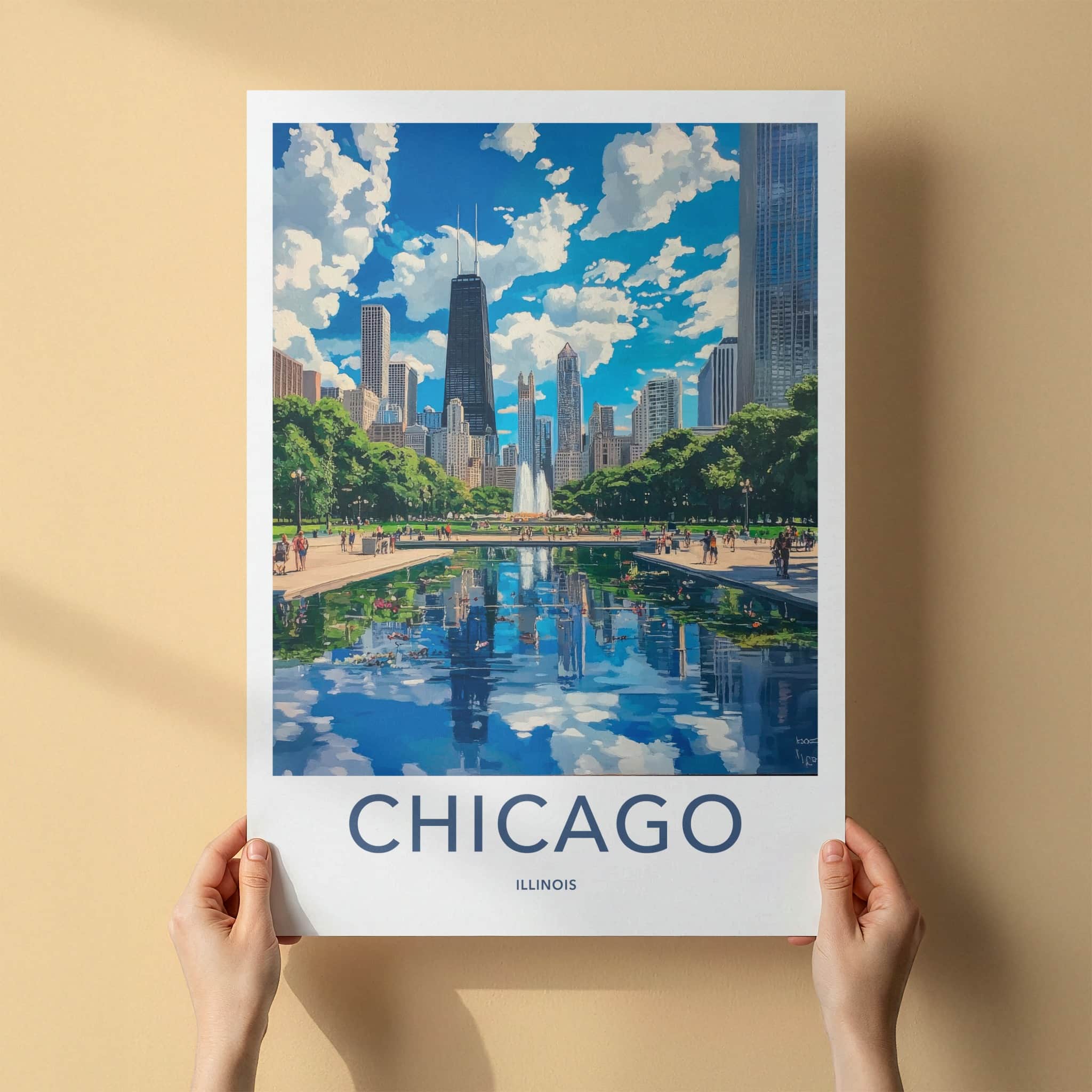 Chicago Poster - Illinois Wall Art - Skyline park reflection Home Decor