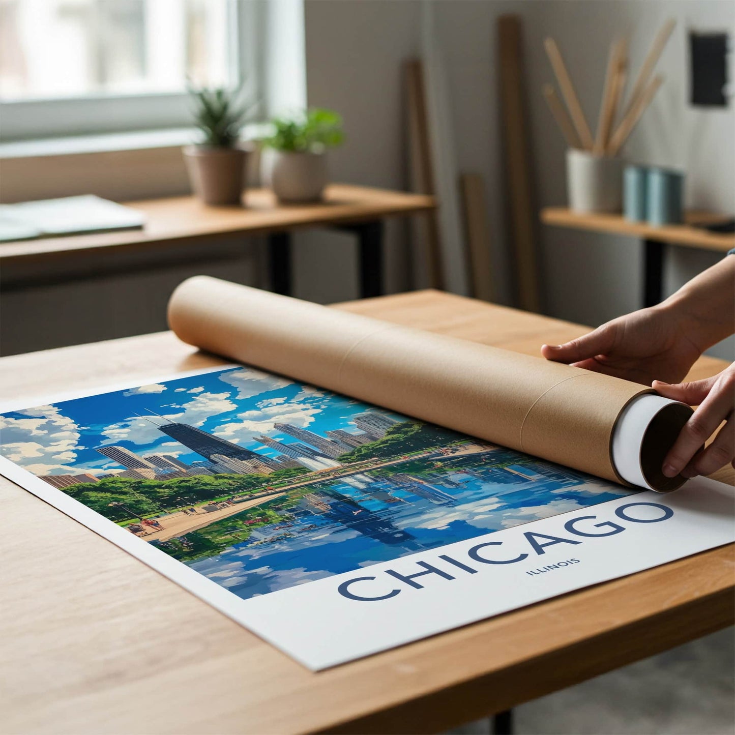 Chicago Poster - Illinois Wall Art - Skyline park reflection Home Decor