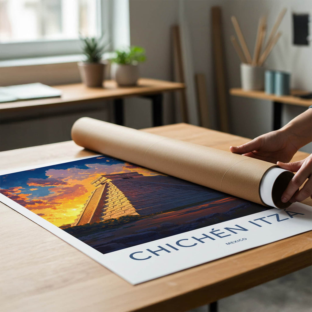Chichen Itza Poster - Mexico Travel Art - Ancient Pyramid Sunset Home Decor