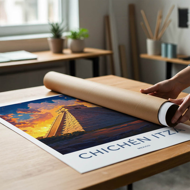 Chichen Itza Poster - Mexico Travel Art - Ancient Pyramid Sunset Home Decor