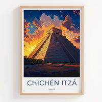 Chichen Itza Poster - Mexico Travel Art - Ancient Pyramid Sunset Home Decor