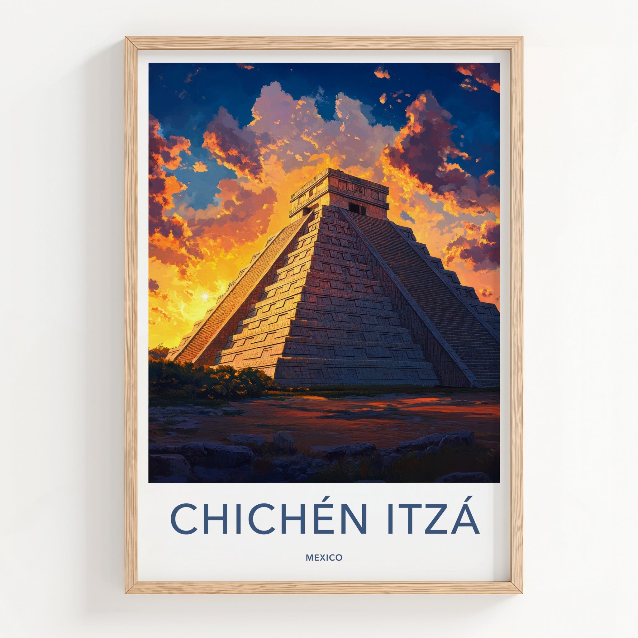 Chichen Itza Poster - Mexico Travel Art - Ancient Pyramid Sunset Home Decor