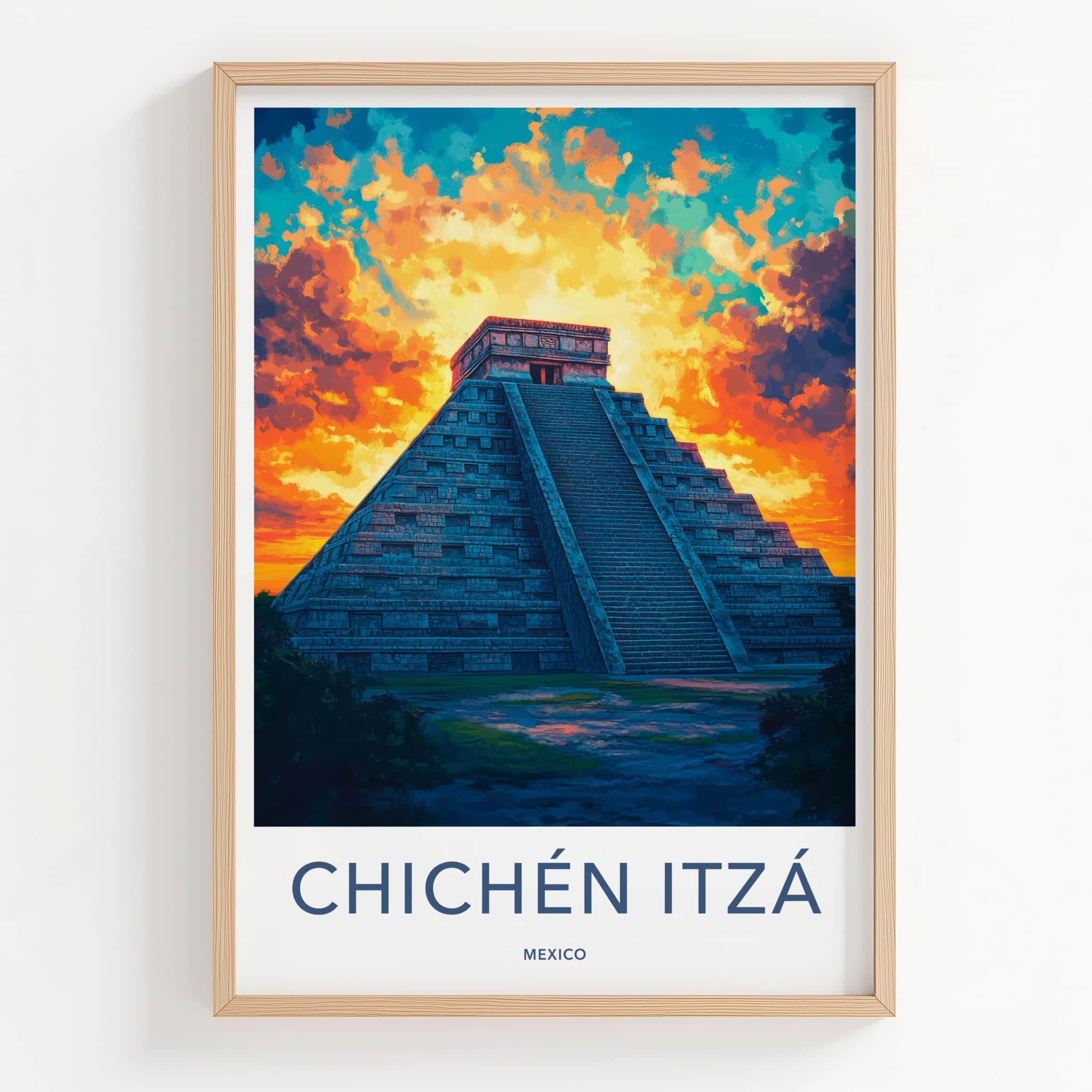 Chichen Itza Poster - Mexico Travel Art - Dramatic Sunset Pyramid Home Decor