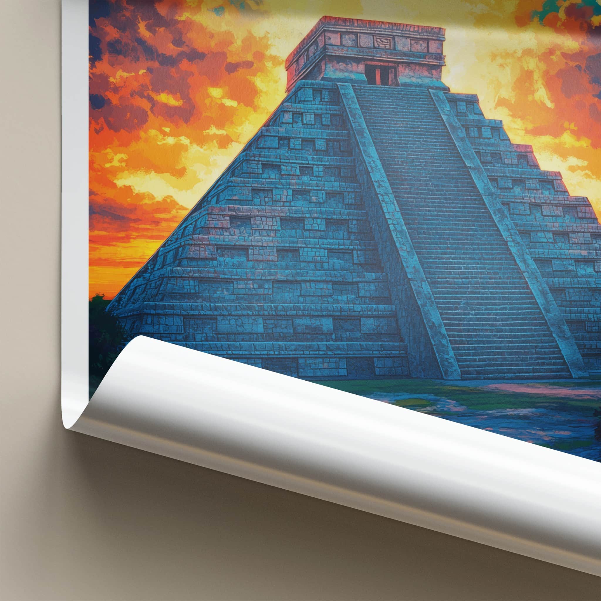 Chichen Itza Poster - Mexico Travel Art - Dramatic Sunset Pyramid Home Decor