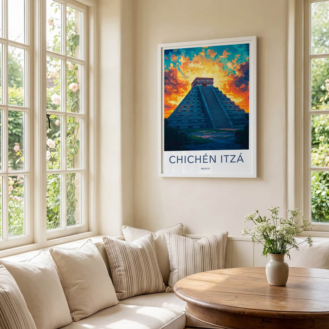 Chichen Itza Poster - Mexico Travel Art - Dramatic Sunset Pyramid Home Decor