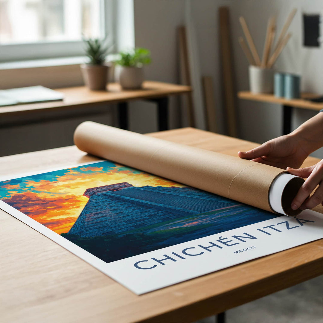 Chichen Itza Poster - Mexico Travel Art - Dramatic Sunset Pyramid Home Decor