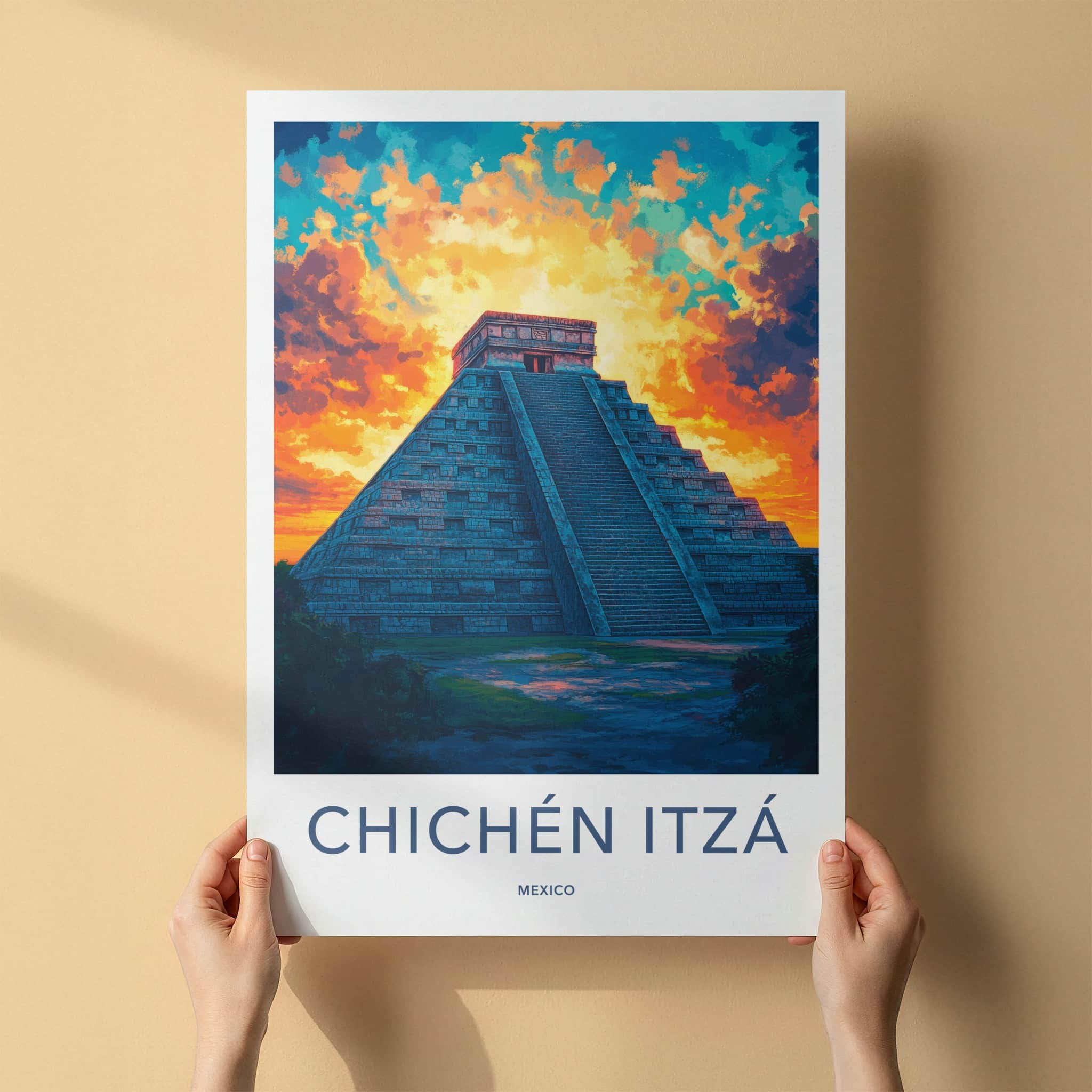 Chichen Itza Poster - Mexico Travel Art - Dramatic Sunset Pyramid Home Decor
