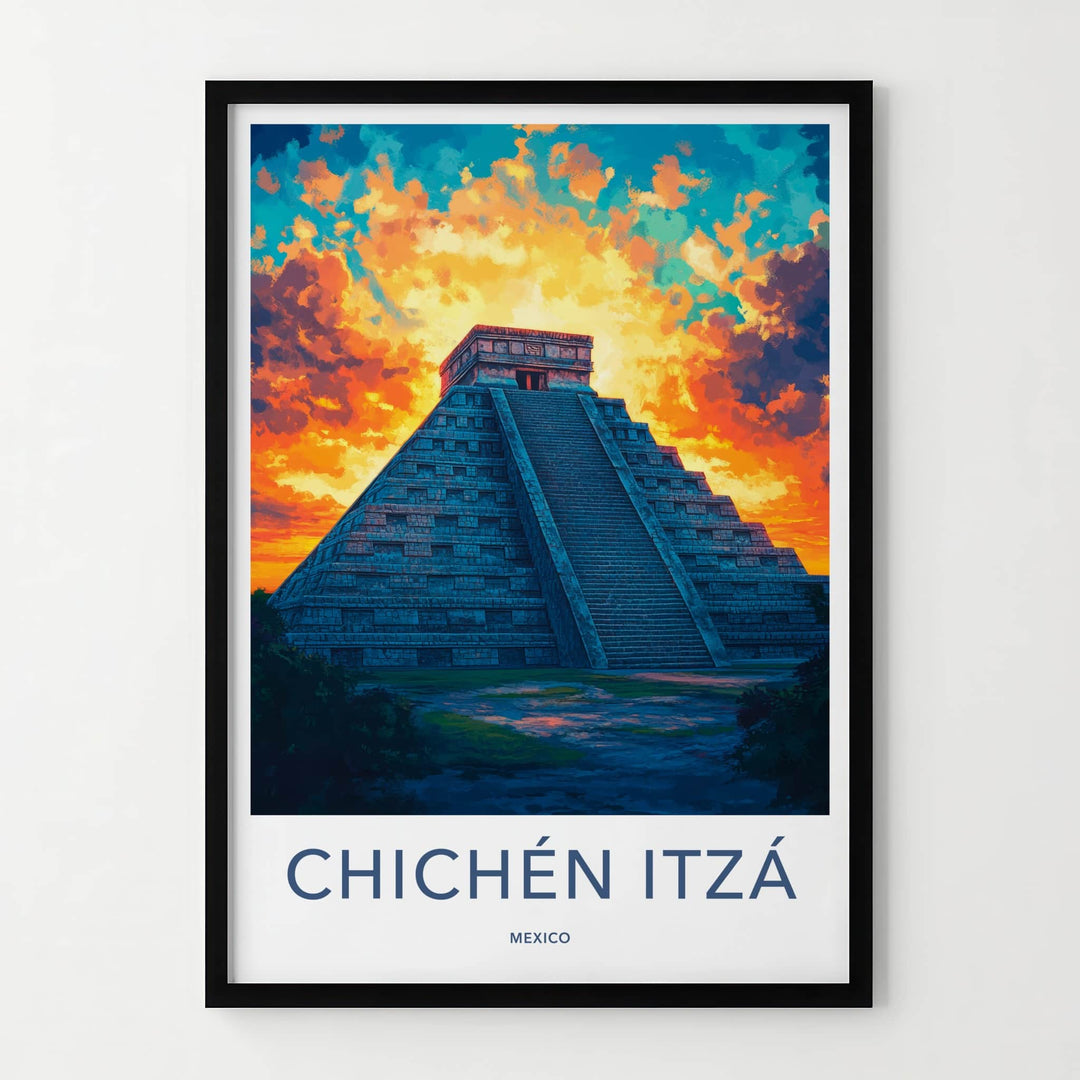 Chichen Itza Poster - Mexico Travel Art - Dramatic Sunset Pyramid Home Decor