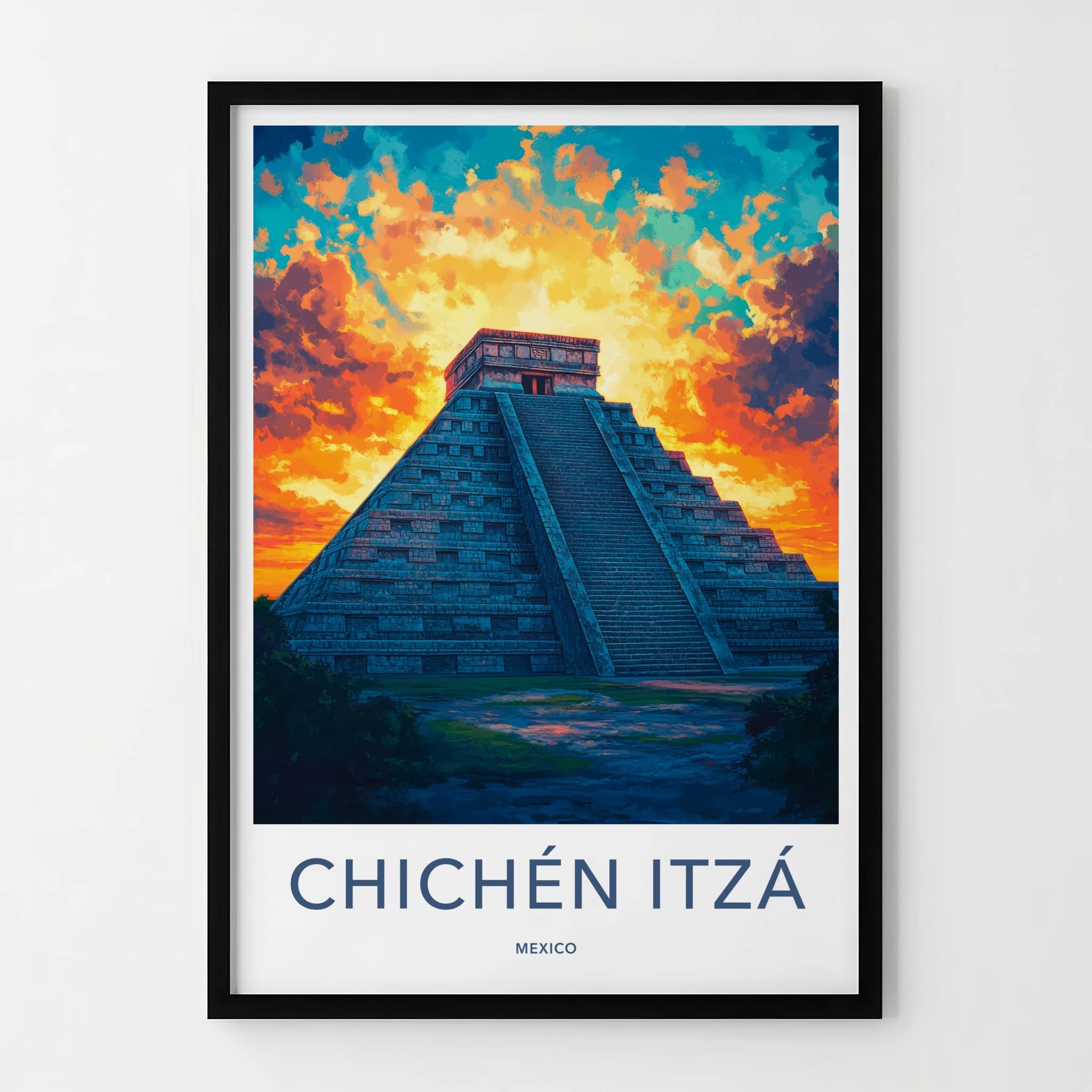 Chichen Itza Poster - Mexico Travel Art - Dramatic Sunset Pyramid Home Decor