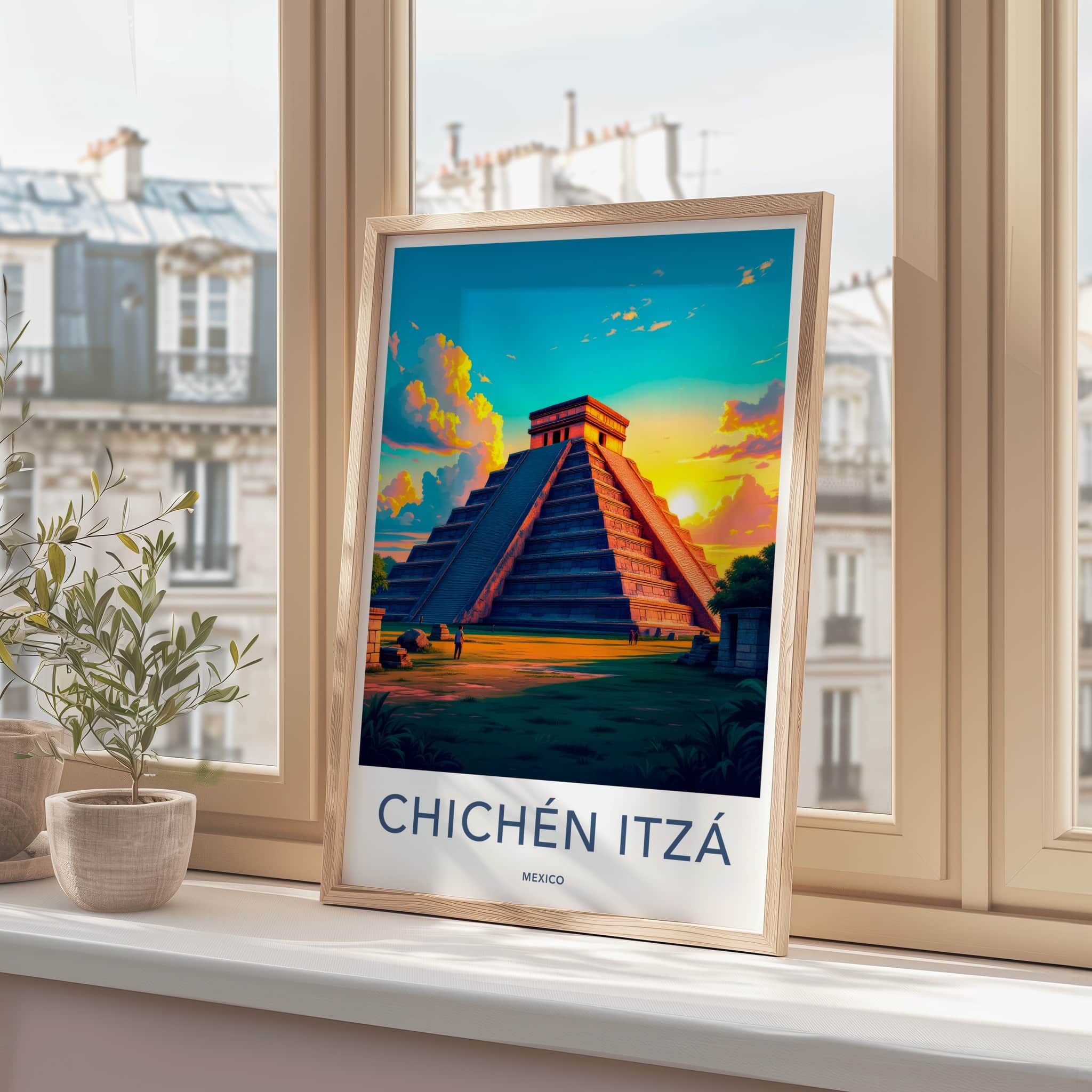Chichen Itza Poster - Mexico Travel Art - Pyramid Sunset Clouds Home Decor