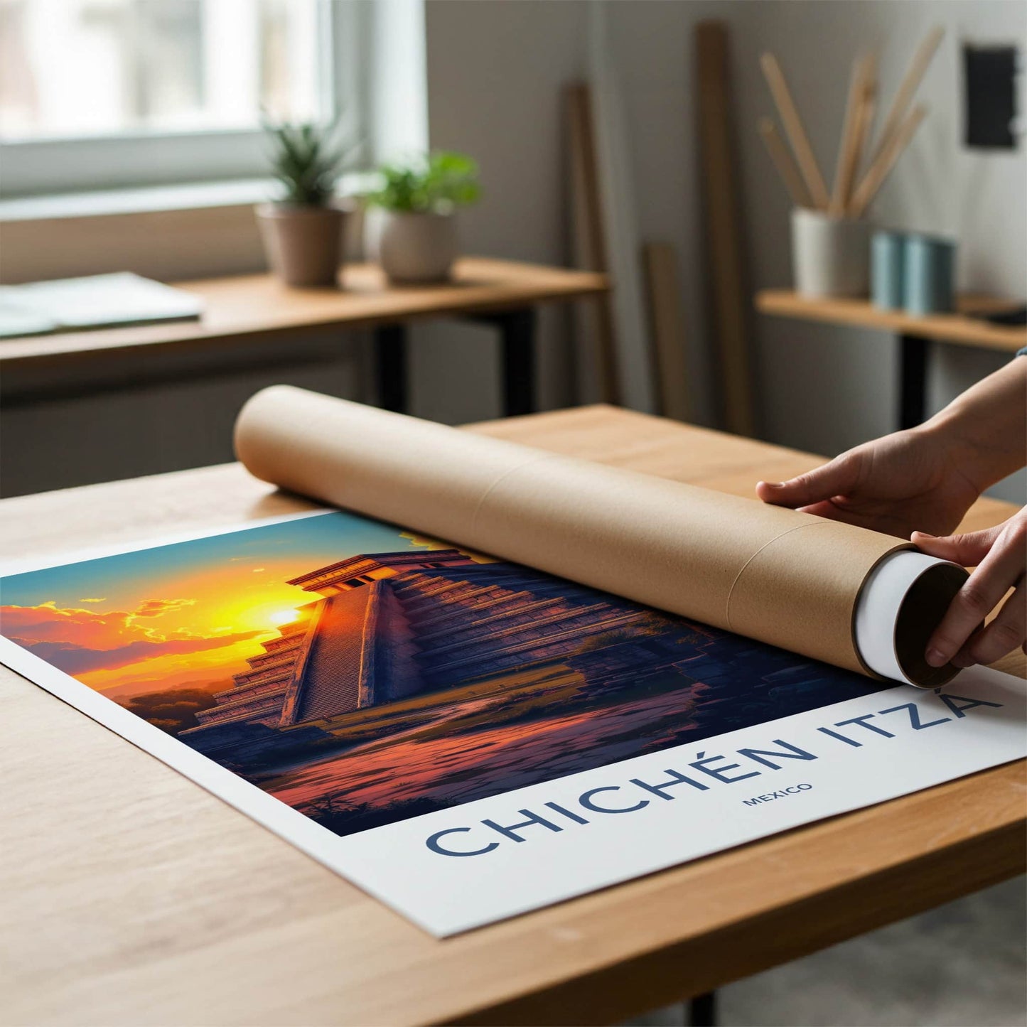 Chichen Itza Poster - Mexico Travel Art - Pyramid Sunset Glow Home Decor