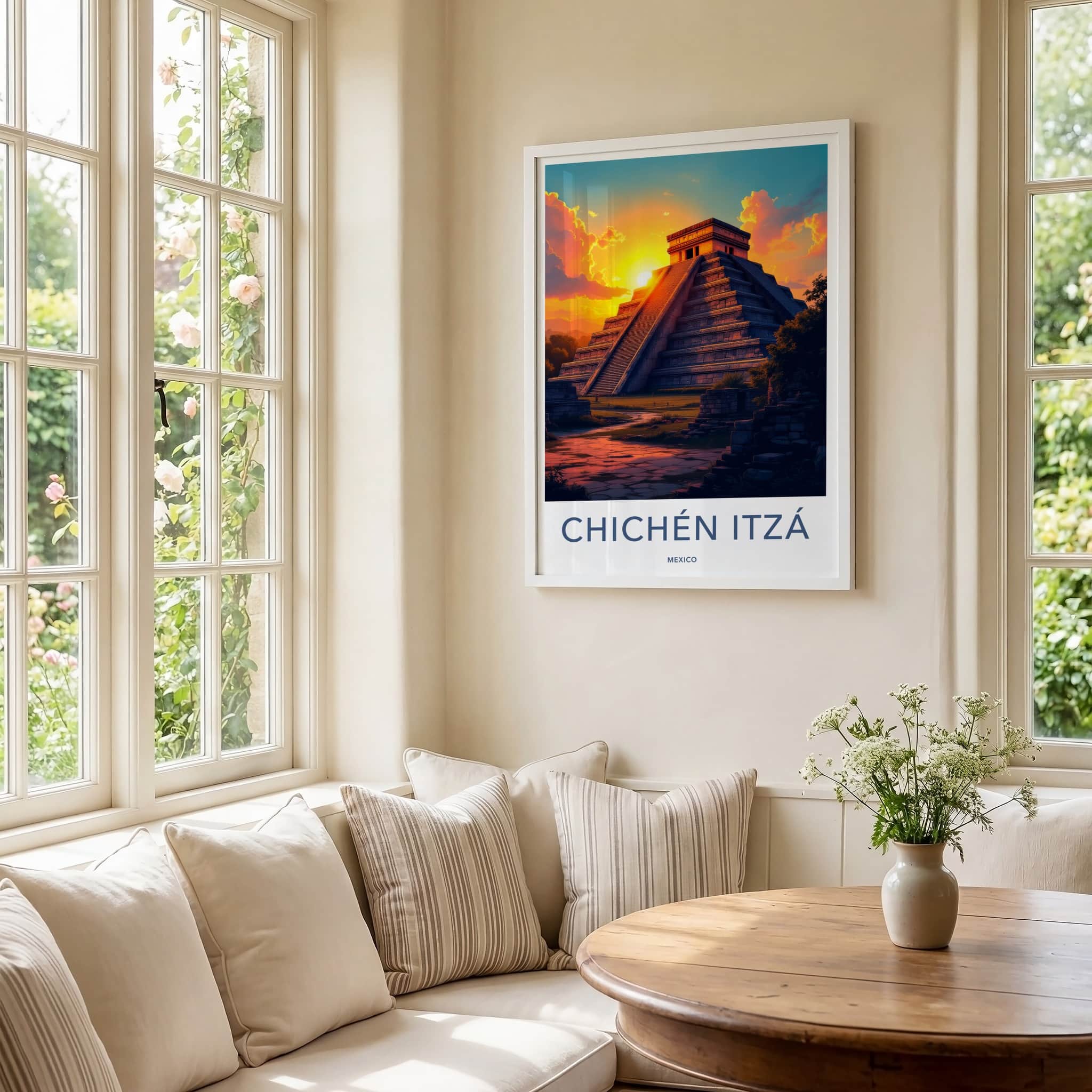 Chichen Itza Poster - Mexico Travel Art - Pyramid Sunset Glow Home Decor