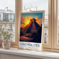 Chichen Itza Poster - Mexico Travel Art - Pyramid Sunset Glow Home Decor