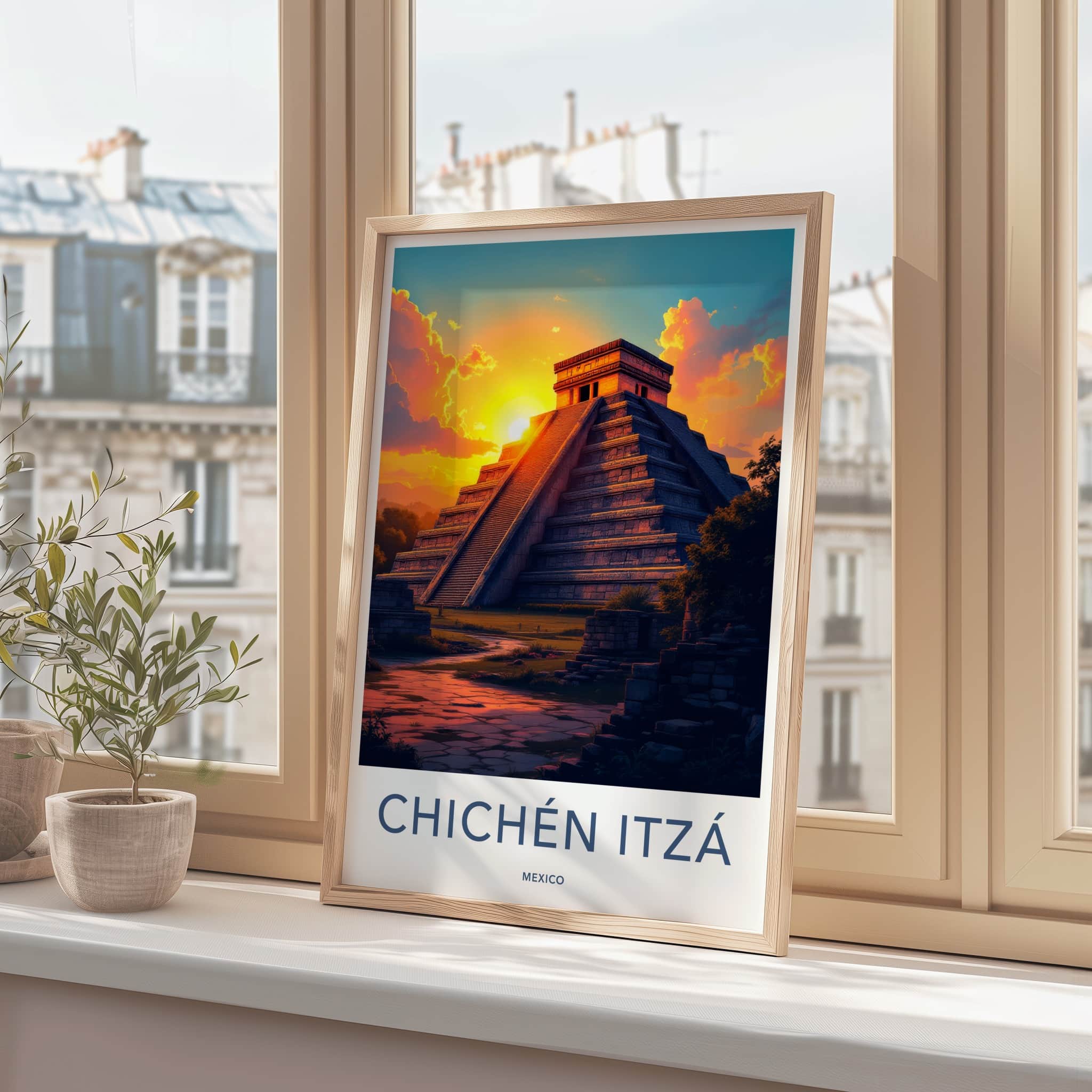 Chichen Itza Poster - Mexico Travel Art - Pyramid Sunset Glow Home Decor