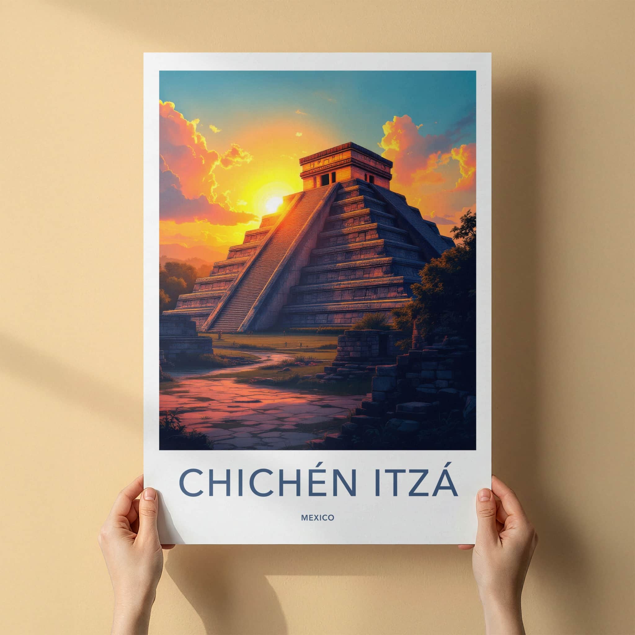 Chichen Itza Poster - Mexico Travel Art - Pyramid Sunset Glow Home Decor