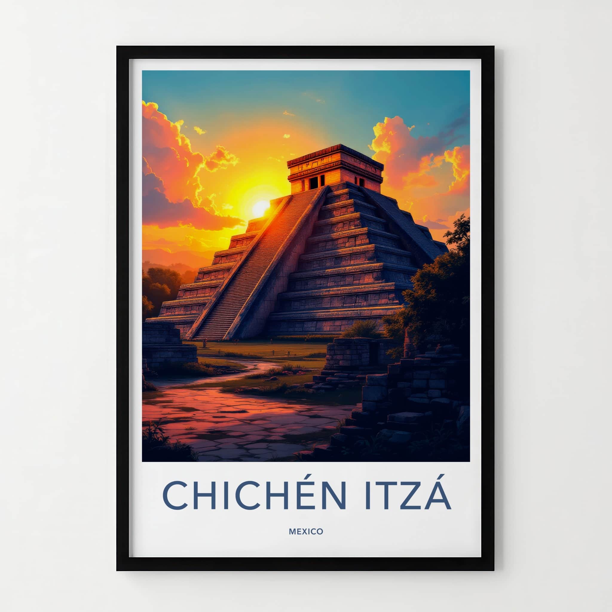 Chichen Itza Poster - Mexico Travel Art - Pyramid Sunset Glow Home Decor