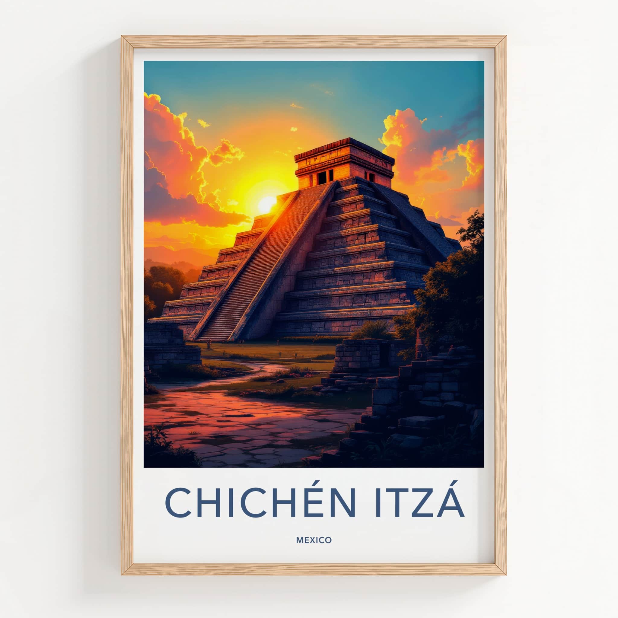 Chichen Itza Poster - Mexico Travel Art - Pyramid Sunset Glow Home Decor