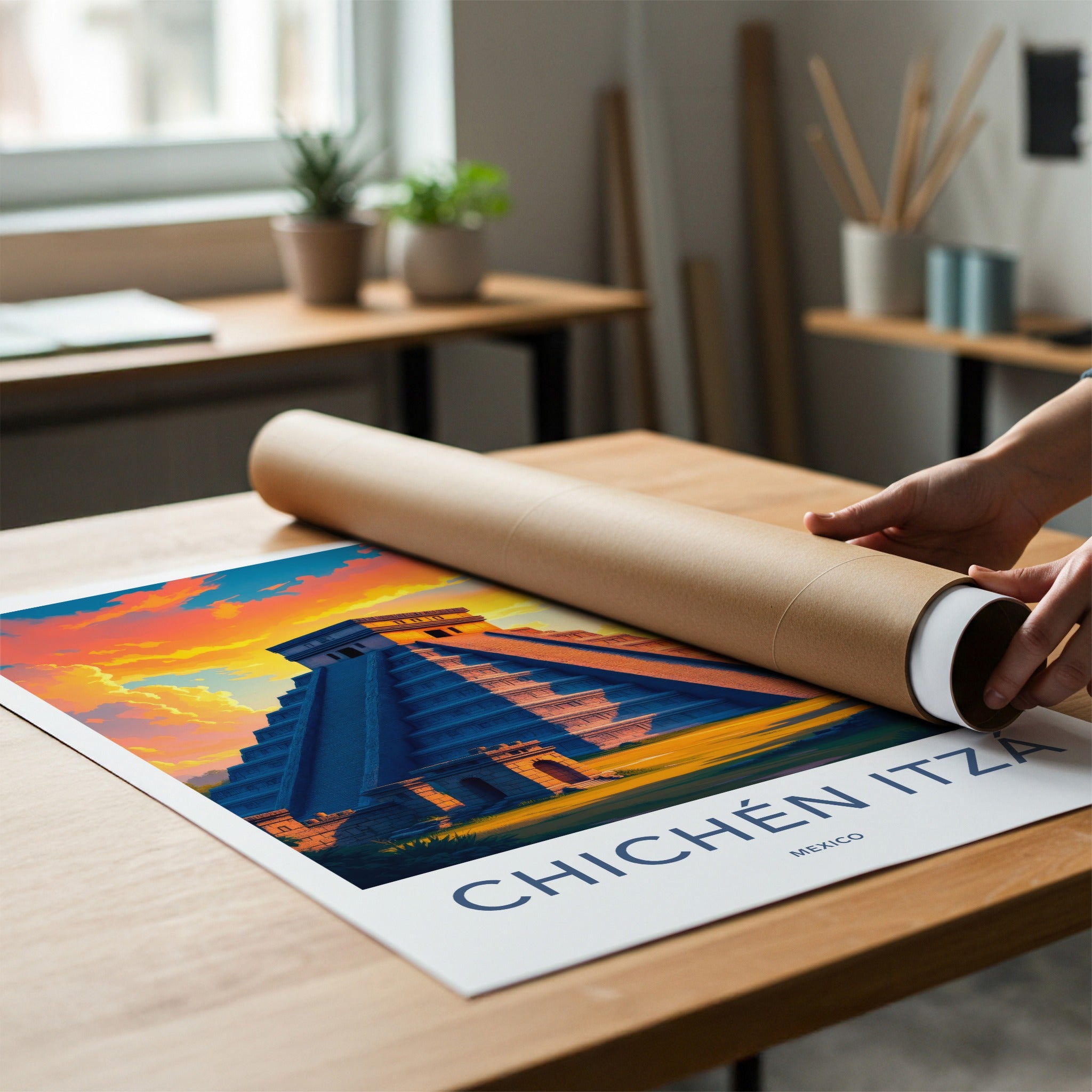 Chichen Itza Poster - Mexico Travel Art - Vibrant Sunset Pyramid Home Decor
