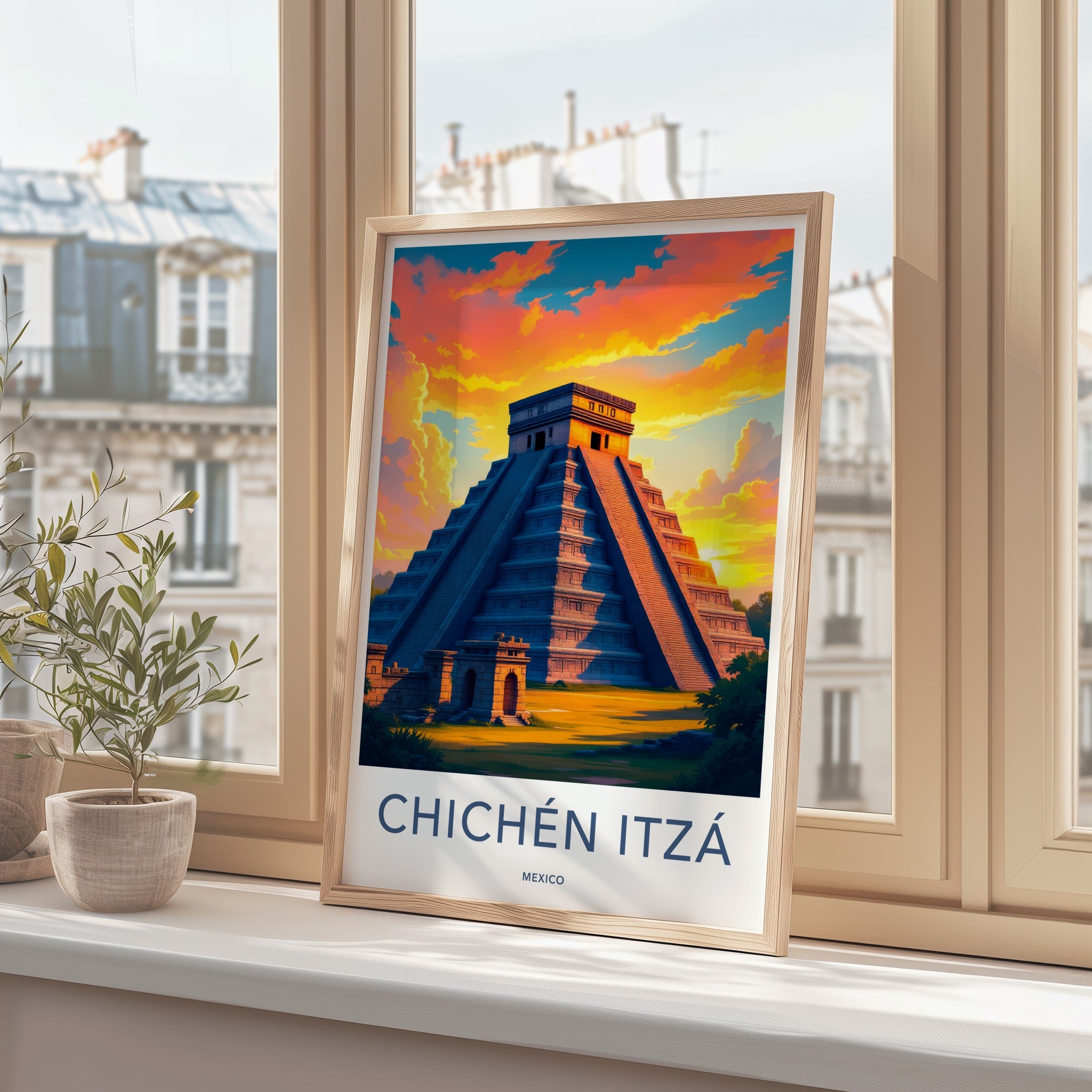 Chichen Itza Poster - Mexico Travel Art - Vibrant Sunset Pyramid Home Decor
