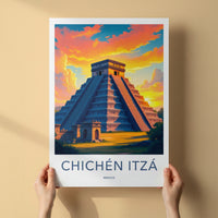 Chichen Itza Poster - Mexico Travel Art - Vibrant Sunset Pyramid Home Decor