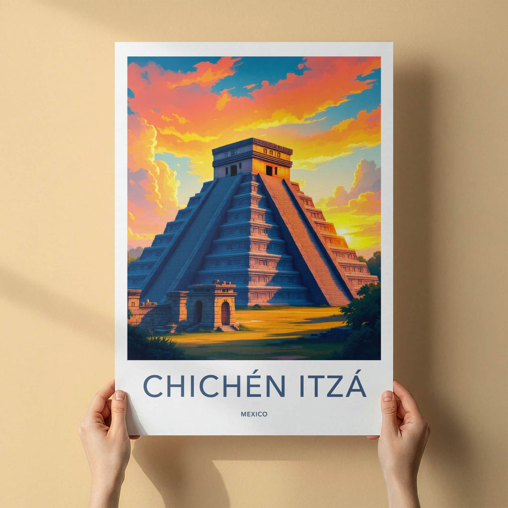 Chichen Itza Poster - Mexico Travel Art - Vibrant Sunset Pyramid Home Decor