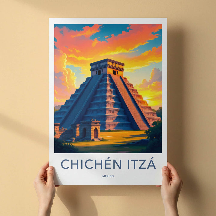 Chichen Itza Poster - Mexico Travel Art - Vibrant Sunset Pyramid Home Decor