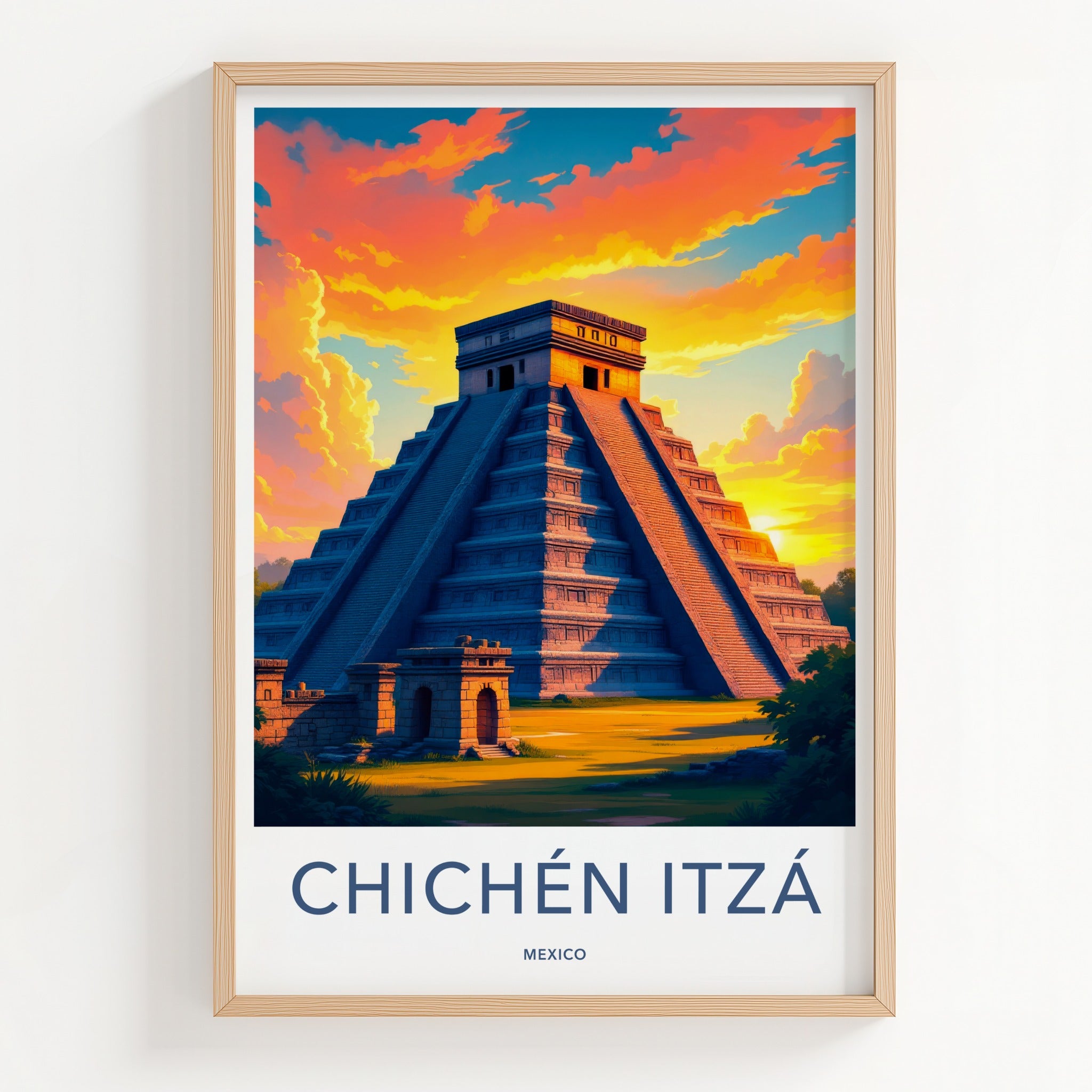 Chichen Itza Poster - Mexico Travel Art - Vibrant Sunset Pyramid Home Decor