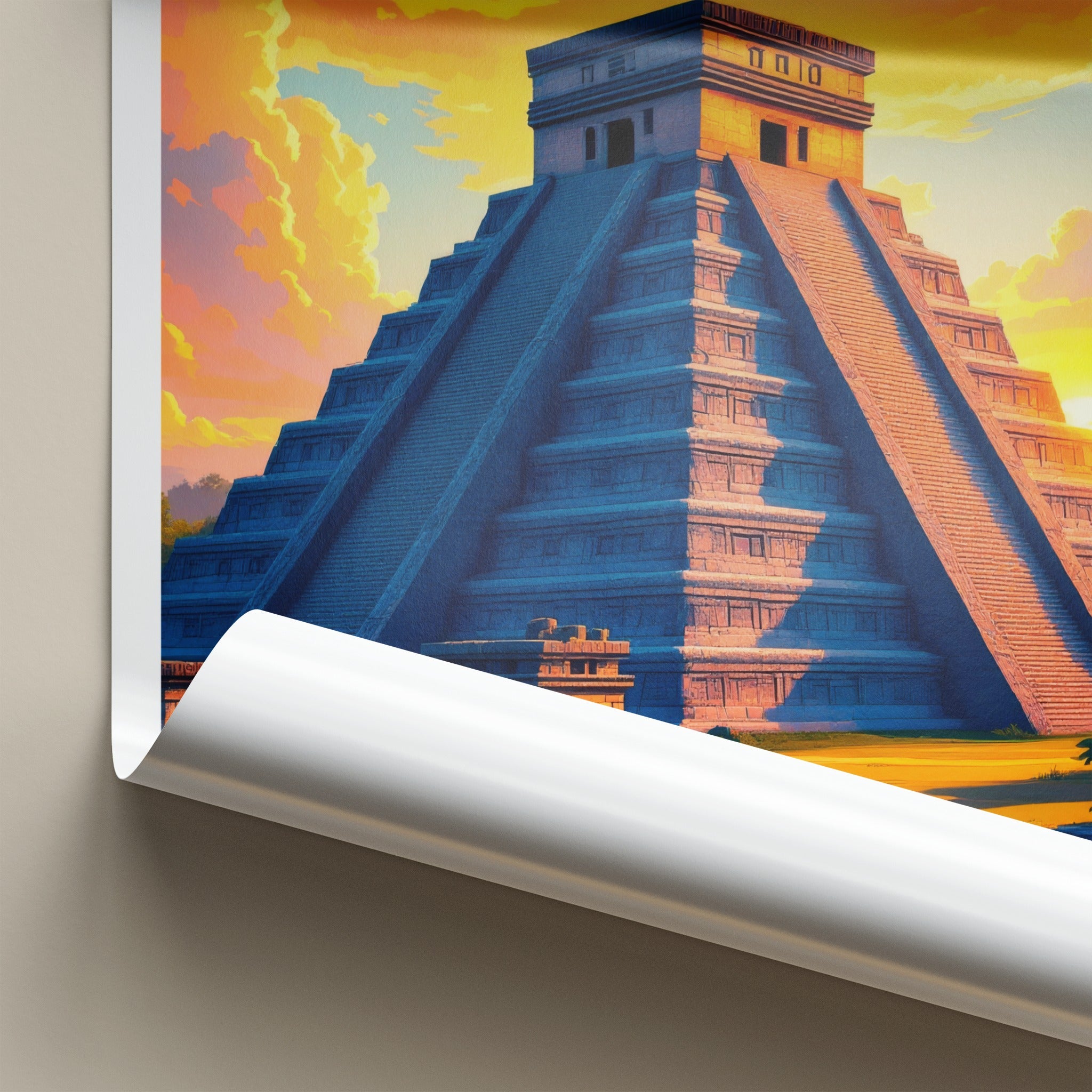 Chichen Itza Poster - Mexico Travel Art - Vibrant Sunset Pyramid Home Decor