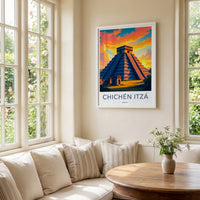 Chichen Itza Poster - Mexico Travel Art - Vibrant Sunset Pyramid Home Decor