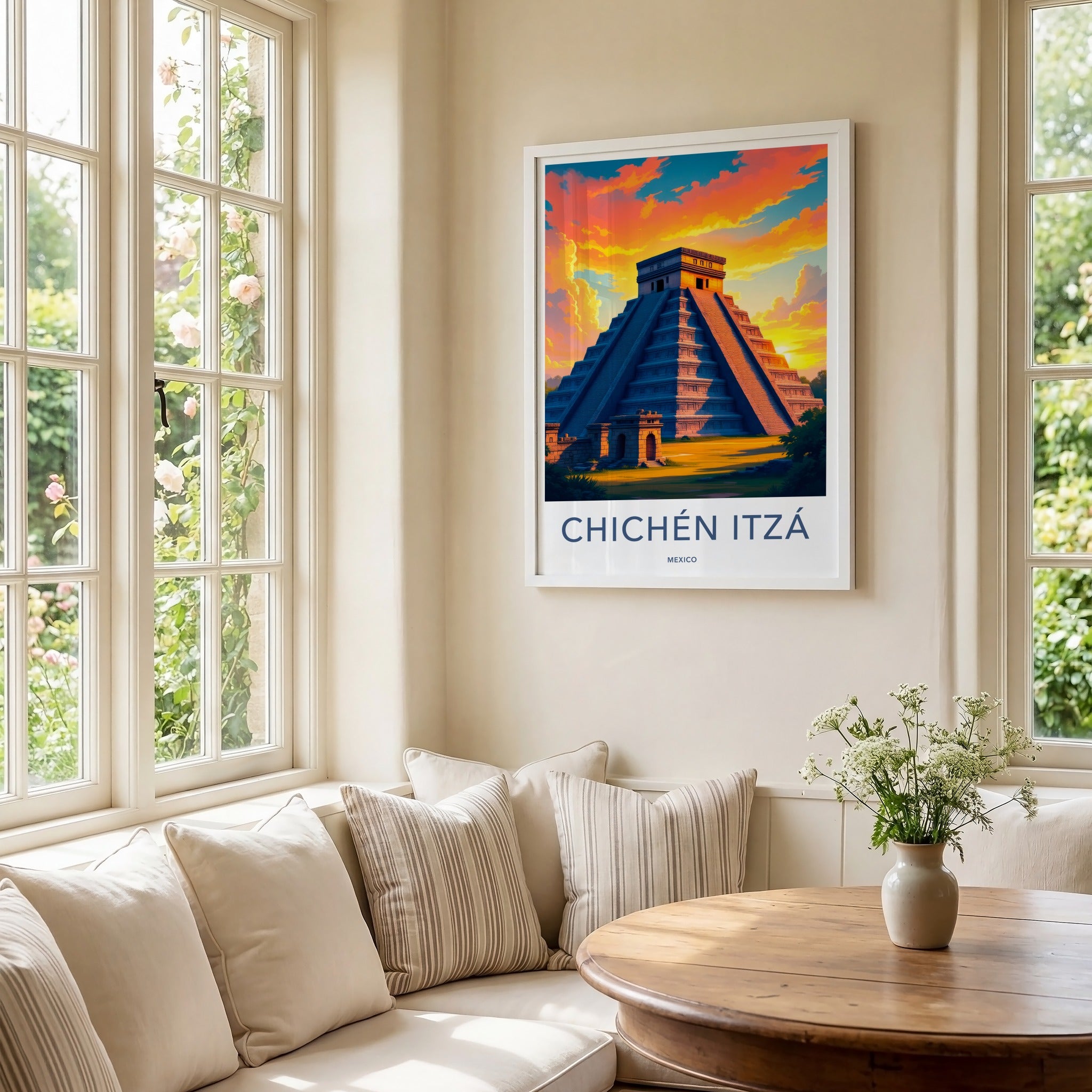 Chichen Itza Poster - Mexico Travel Art - Vibrant Sunset Pyramid Home Decor