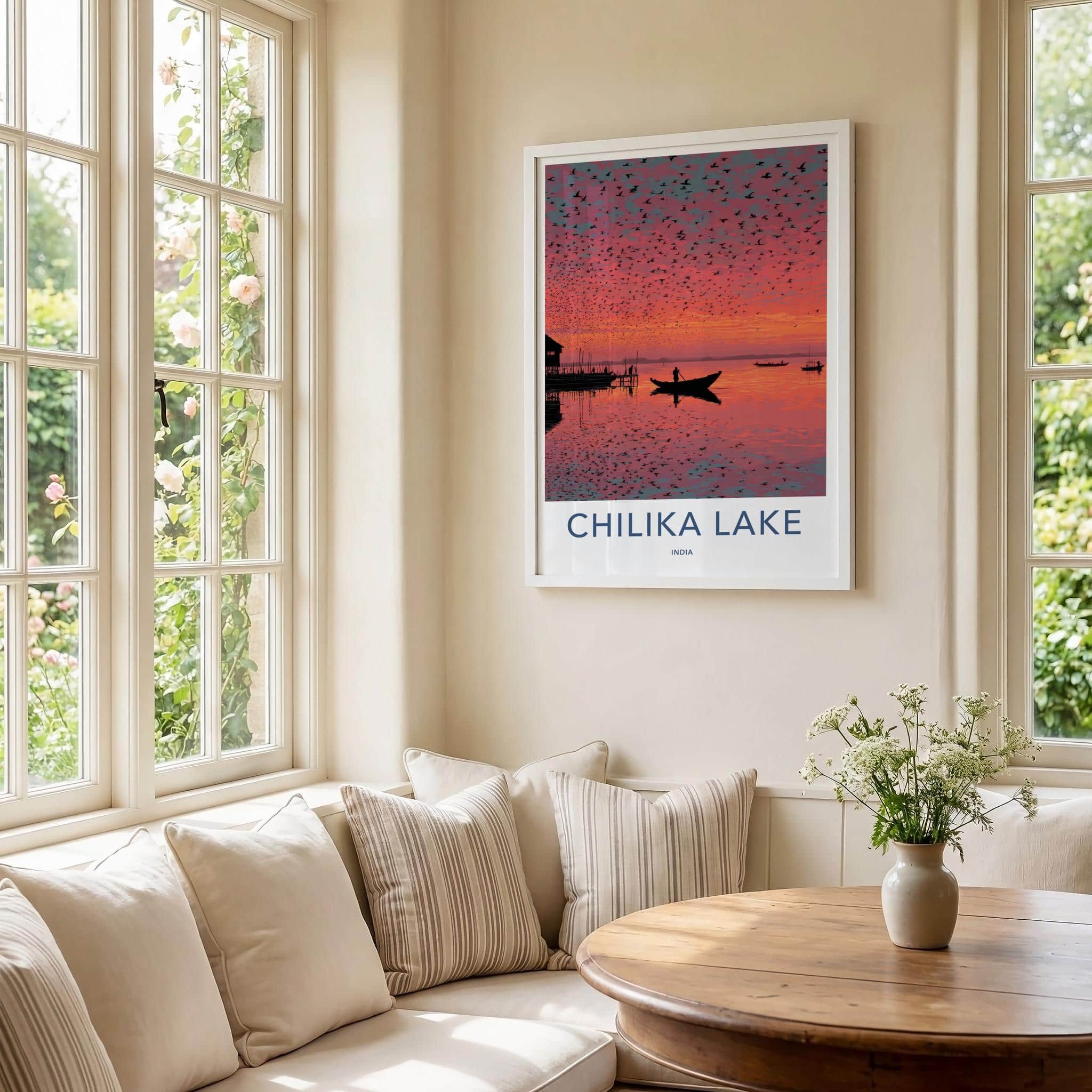 Chilika Lake Poster - India Travel Art - Odisha birds vibrant sunset Wall Decor