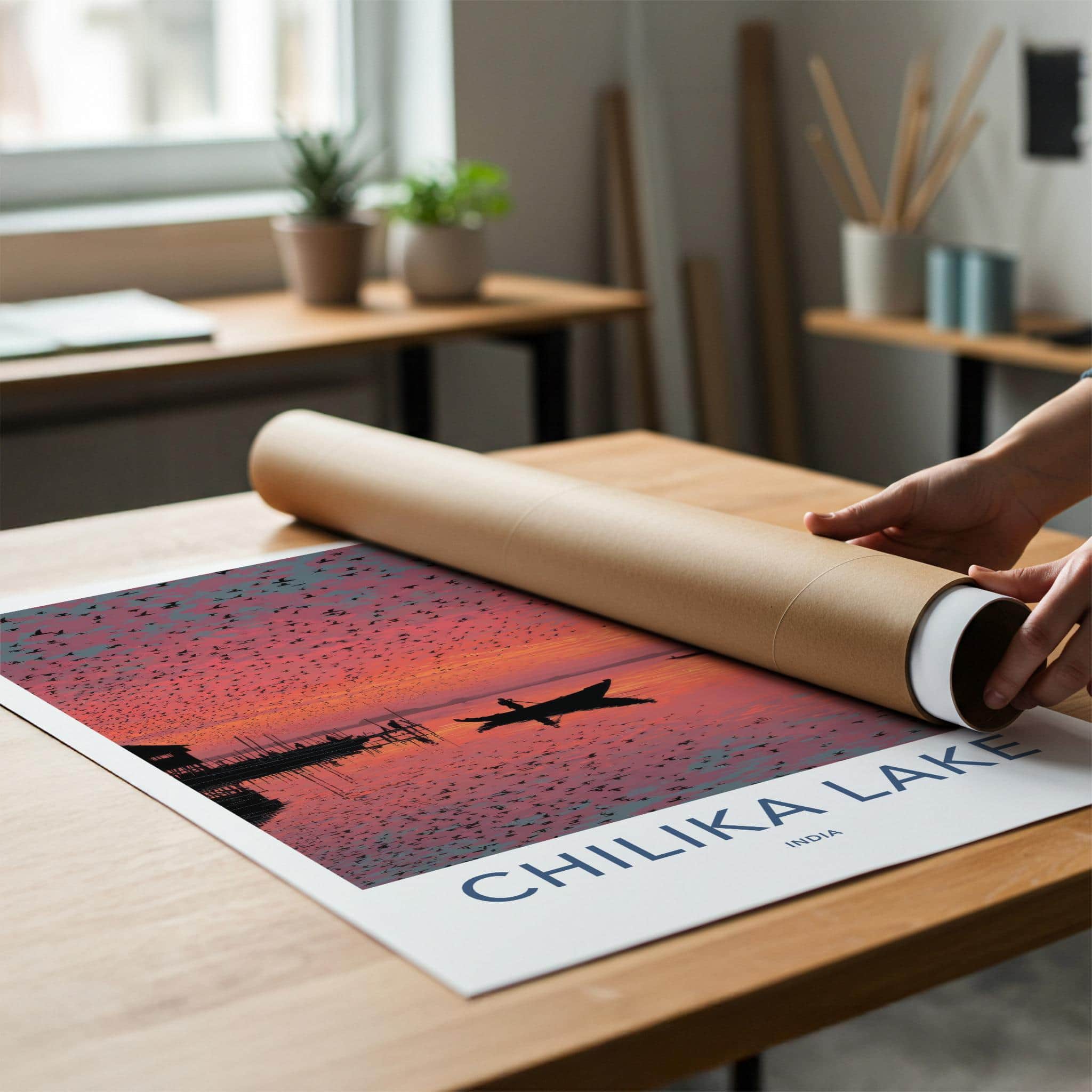 Chilika Lake Poster - India Travel Art - Odisha birds vibrant sunset Wall Decor