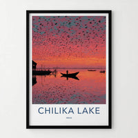 Chilika Lake Poster - India Travel Art - Odisha birds vibrant sunset Wall Decor
