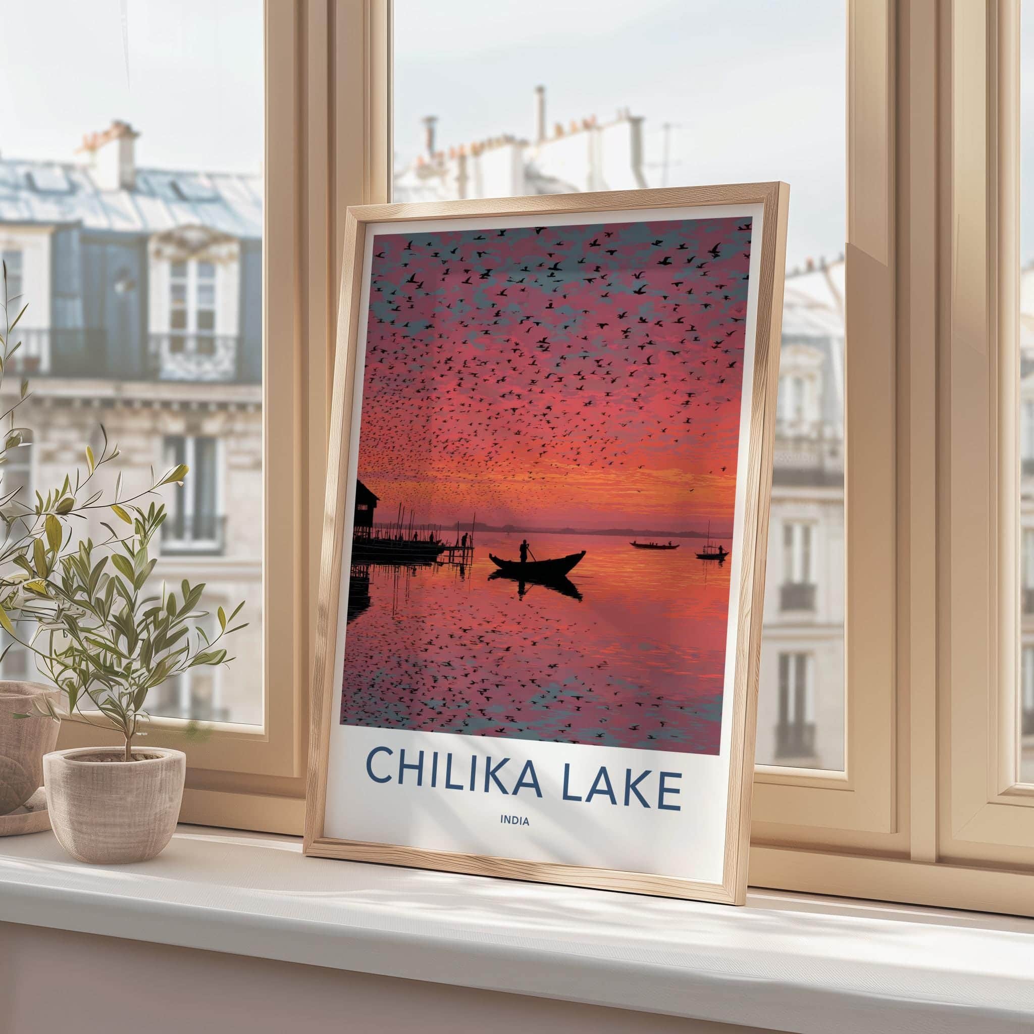 Chilika Lake Poster - India Travel Art - Odisha birds vibrant sunset Wall Decor