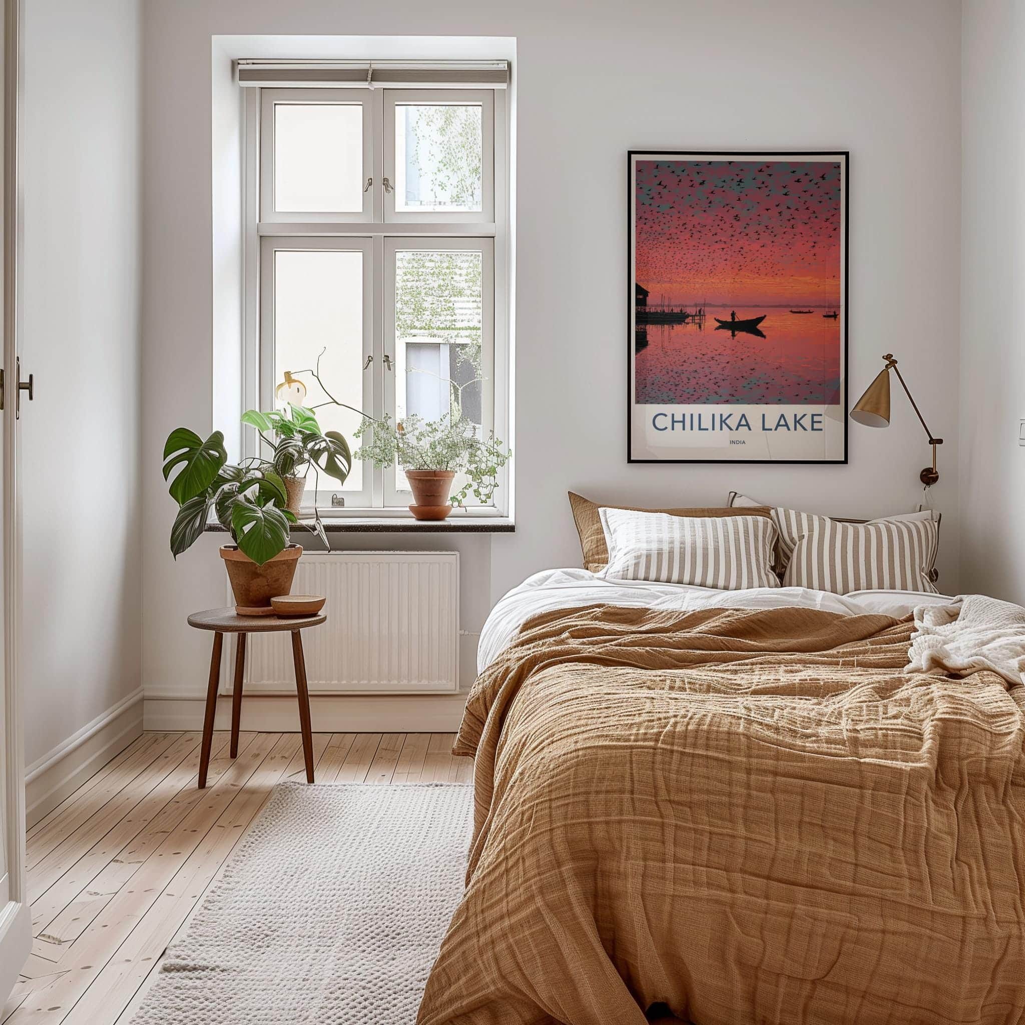 Chilika Lake Poster - India Travel Art - Odisha birds vibrant sunset Wall Decor