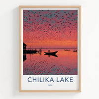 Chilika Lake Poster - India Travel Art - Odisha birds vibrant sunset Wall Decor