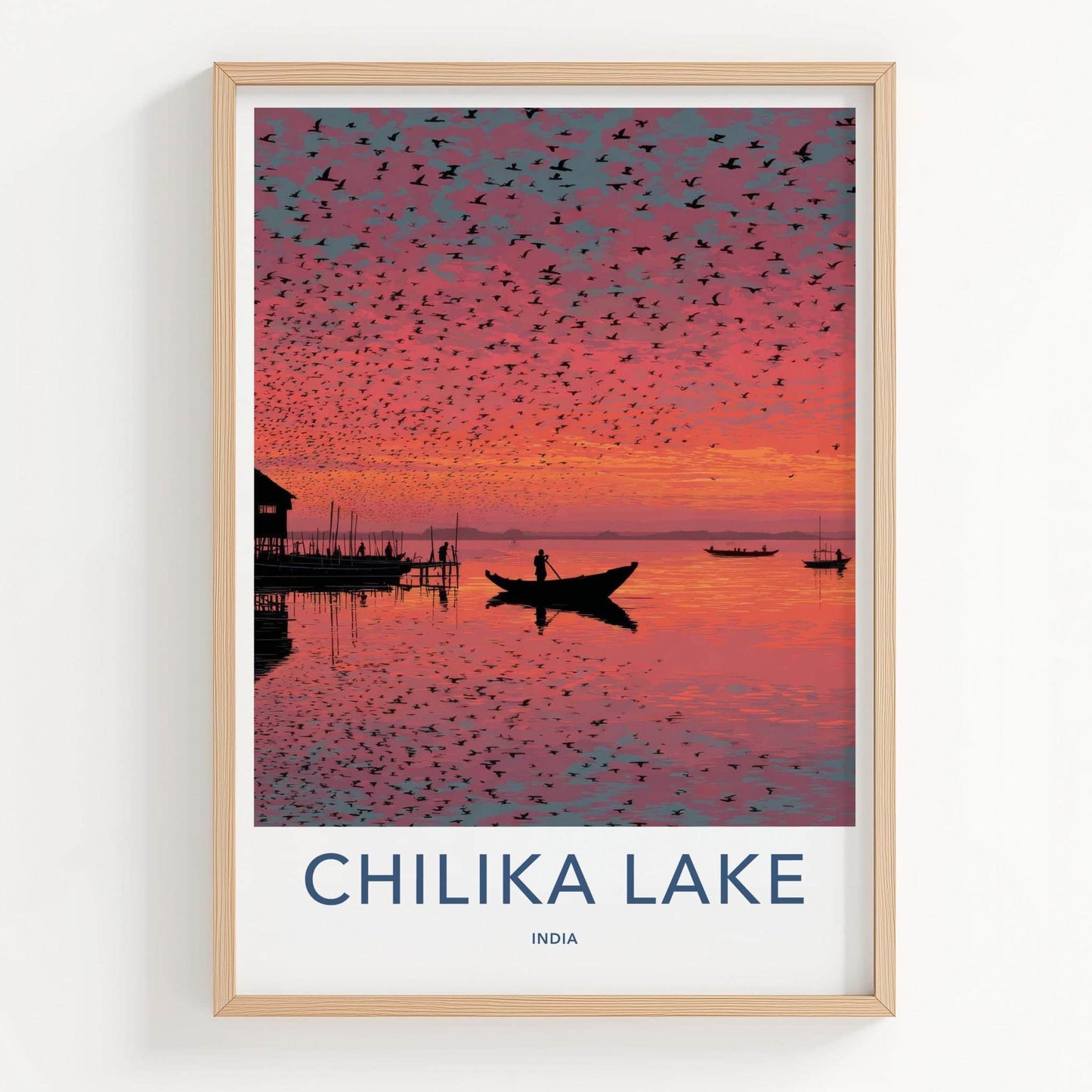 Chilika Lake Poster - India Travel Art - Odisha birds vibrant sunset Wall Decor