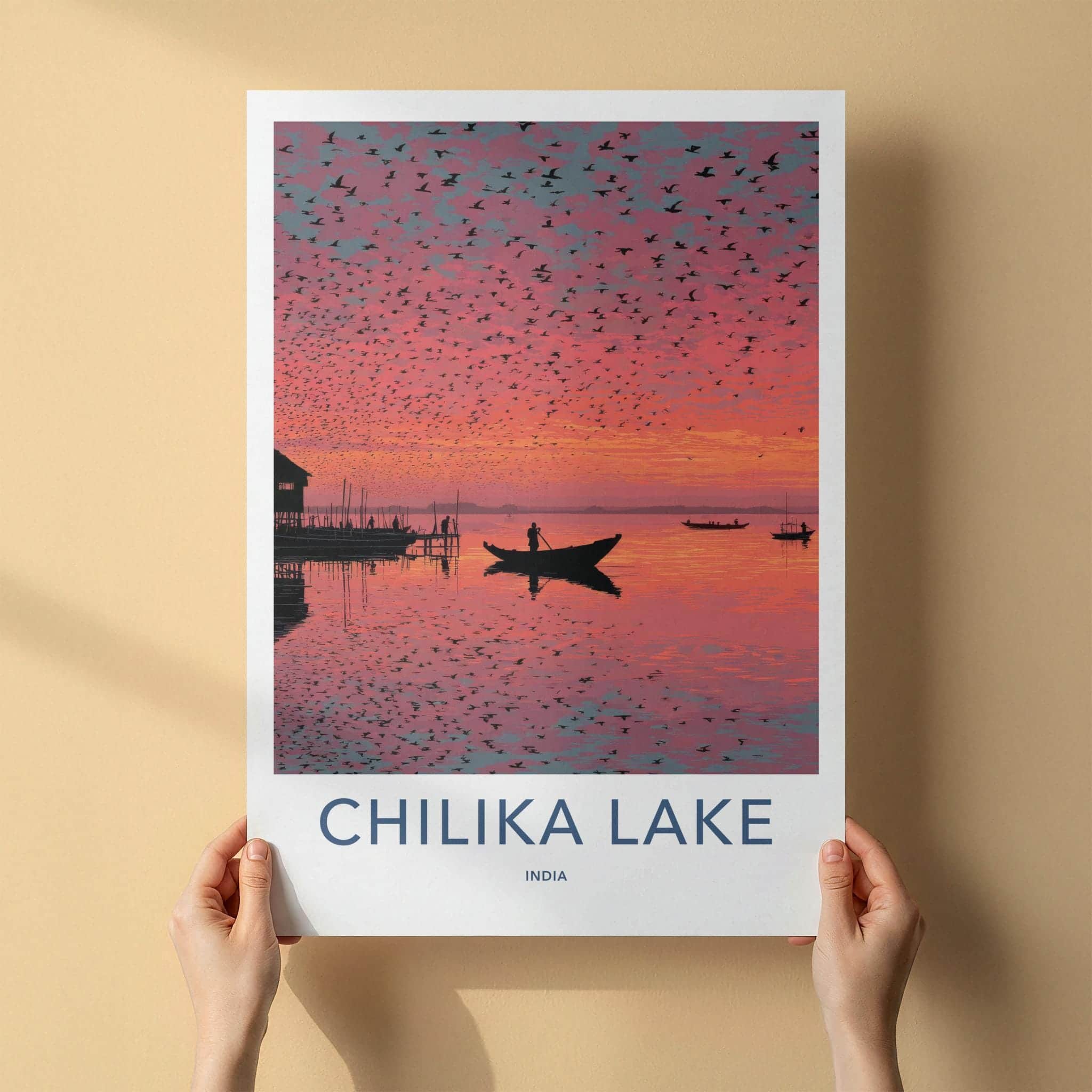 Chilika Lake Poster - India Travel Art - Odisha birds vibrant sunset Wall Decor