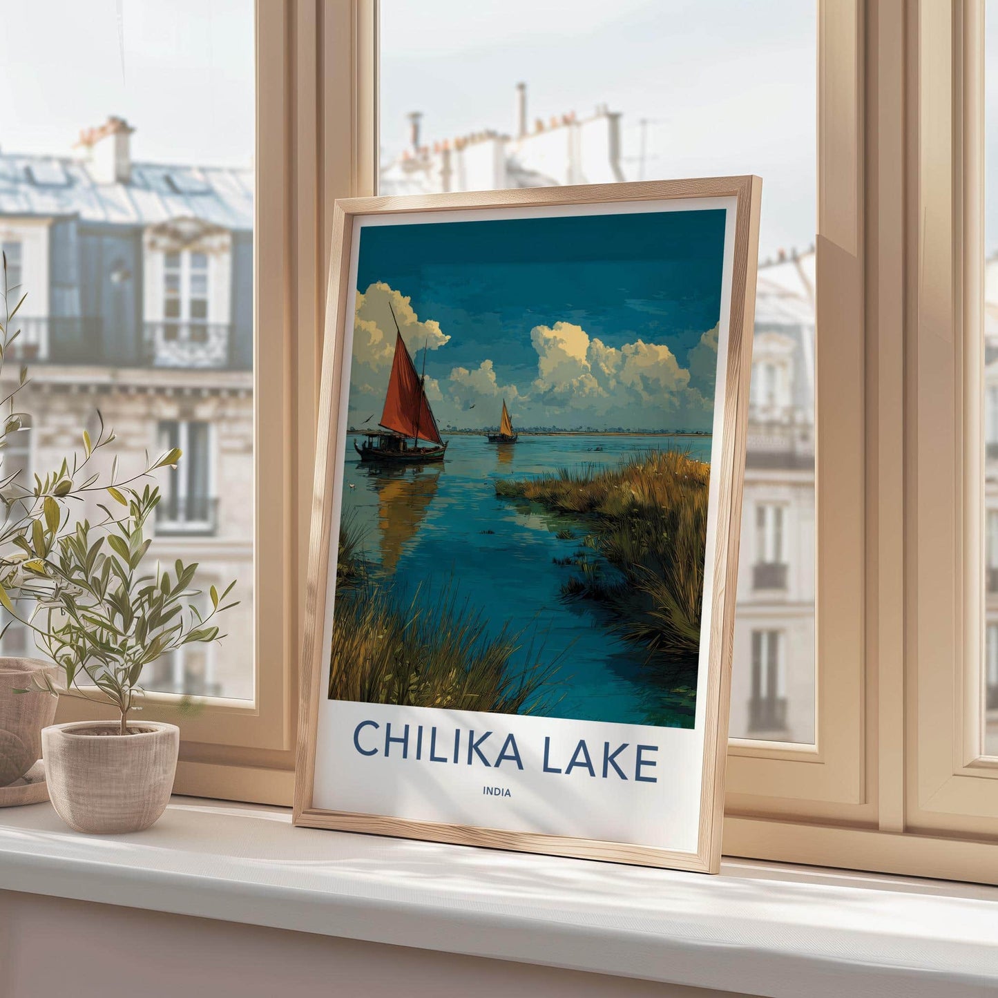 Chilika Lake Poster - India Travel Art - Odisha Lakeside Boats Sailing Home Decor