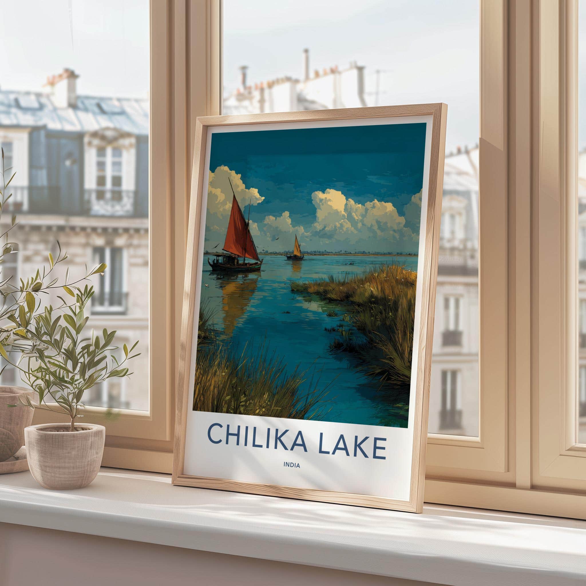 Chilika Lake Poster - India Travel Art - Odisha Lakeside Boats Sailing Home Decor